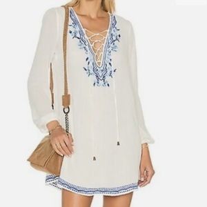 Revolve LOVERS+FRIENDS Women’s White Blue Embroidered L/S Mini Dress Size XS NEW